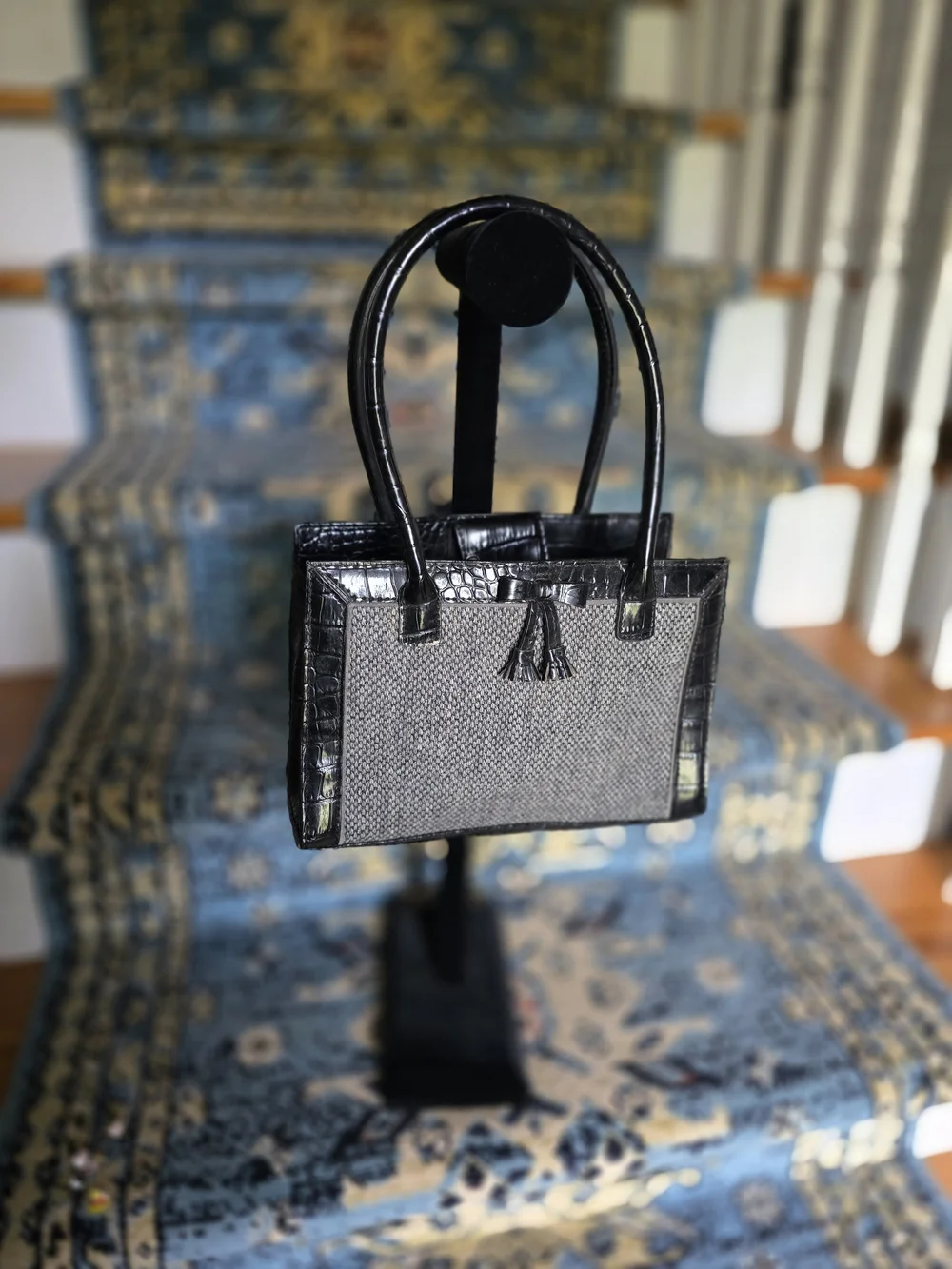Liz Claiborne Classic Black & Gray Tote Handbag with Tassel Accent
